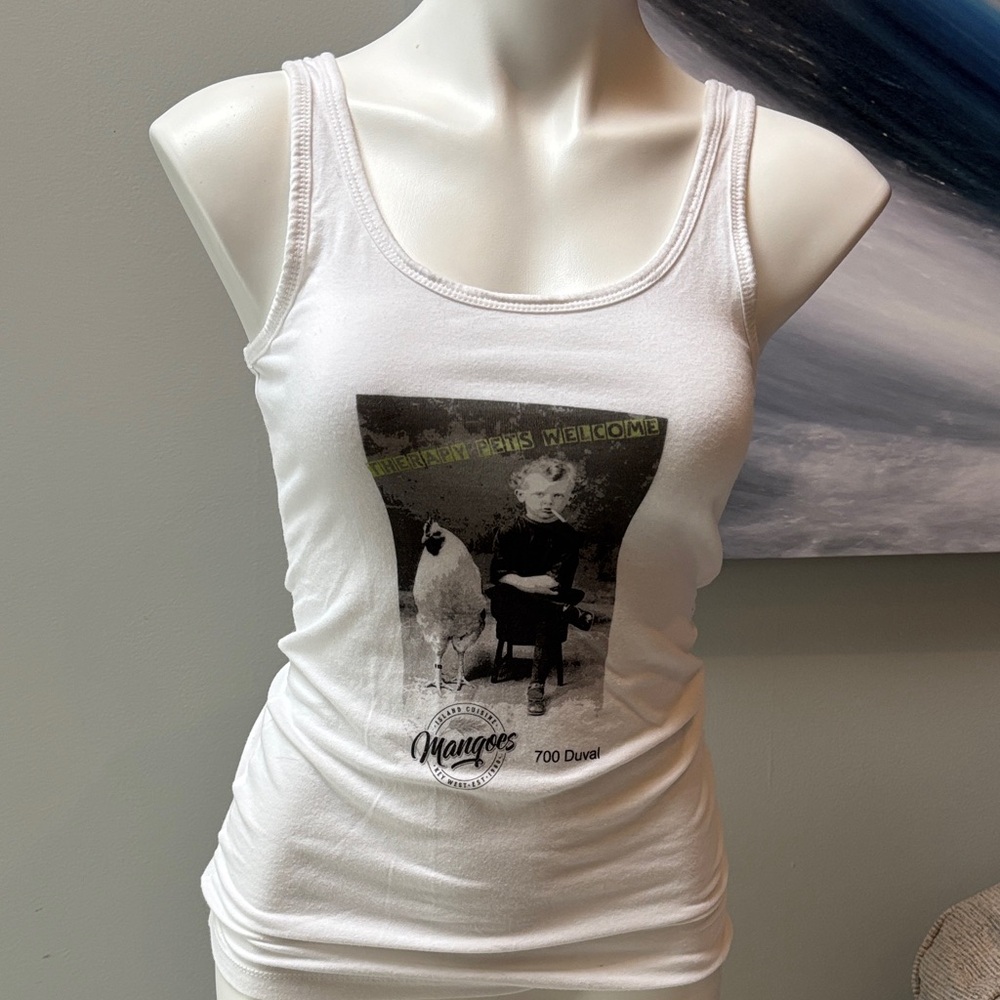 Mangoes 700 Duval Key West White Graphic Tank Top states Therapy Pets Welcome